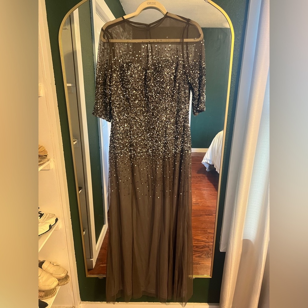 Adrianna Papell Silver Sequin Maxi Gown with Scoop Neck - Picture 3 of 8
